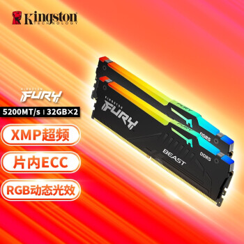 Kingston 金士顿 FURY Beast野兽系列 DDR5 5200MHz RGB 台式机内存 灯条 黑色 64GB 32GBx2