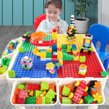 Temi 糖米 儿童玩具积木桌子 抖音同款大颗粒多功能幼儿园学习桌椅男女孩3-6岁 大小桌2椅 600小80大滑道