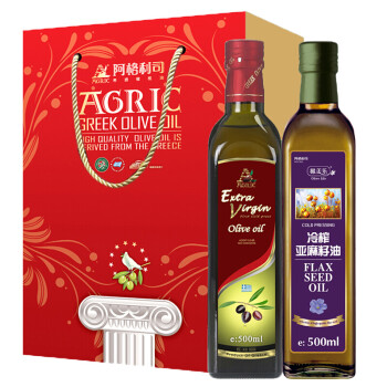 AGRIC 阿格利司 特级初榨橄榄油500ml+冷榨亚麻籽油500ml礼盒装佳节好礼 健康组合食用油