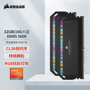 美商海盗船 32GB(16G×2)套装 DDR5 5600 台式机内存条 统治者铂金 RGB灯条 支持AMD EXPO超频