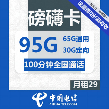 中国电信 磅礴卡 29元月租（65G通用流量+30G定向流量+100分钟通话） 1元包邮（需用券）