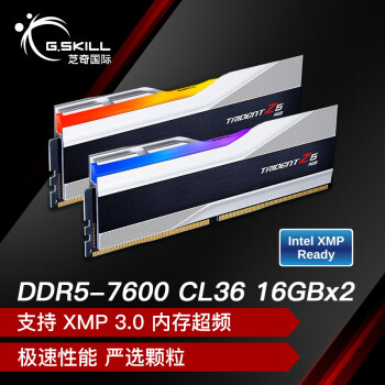 G.SKILL 芝奇 32GB(16Gx2) DDR5 7600 台式机内存条-幻锋戟RGB灯条(科技银)/Intel XMP/C36