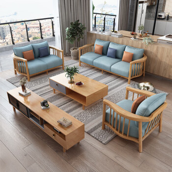 摩高空间橡胶木实木沙发新中式沙发垫布艺沙发原木风大小户型现代北欧