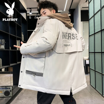 PLAYBOY 花花公子 羽绒服男士中长款冬季假两件连帽防寒保暖外套男潮牌时尚印花青年休闲男装 卡其 XL