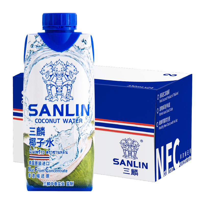 SANLIN 三麟 100%椰子水 富含天然电解质 泰国进口NFC椰青果汁330ml*12瓶 整 59元