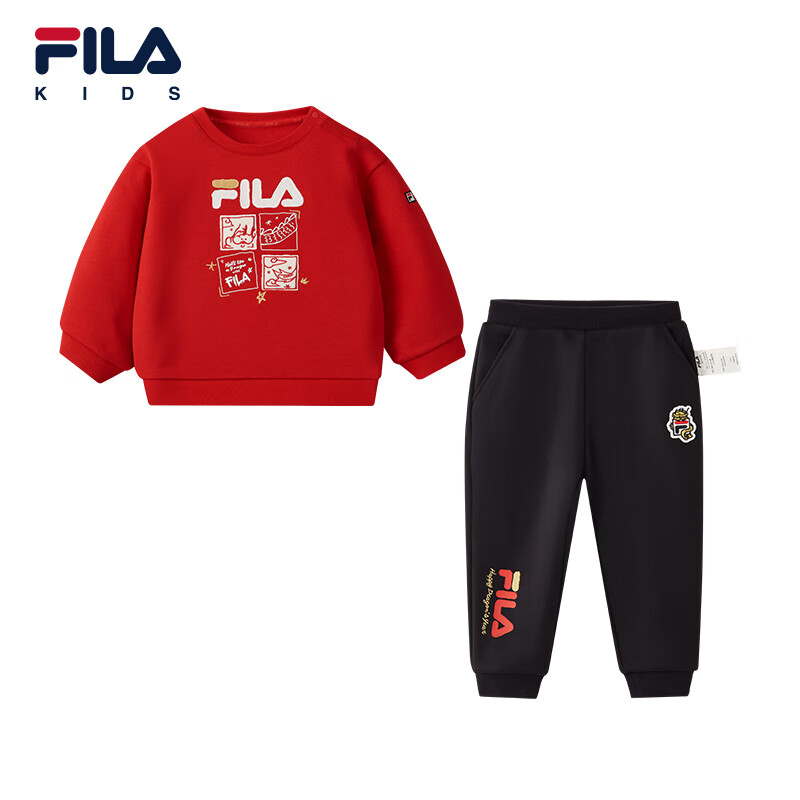 FILA 斐乐 龘龘龙系列2024龙年套装中大童男女童套头卫衣长裤新年两件套 传奇红-RD 100cm 600元