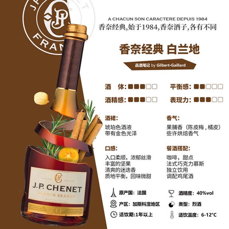 J.P.CHENET 香奈 白蘭地XO VSOP 洋酒40度法國原裝進(jìn)口洋酒歪脖子酒 700mL 2瓶 123元