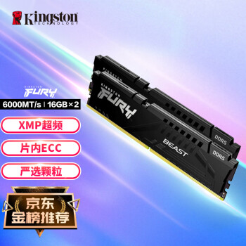 Kingston 金士顿 FURY 32GB(16G×2)套装 DDR5 6000 台式机内存条 Beast野兽系列 骇客神条