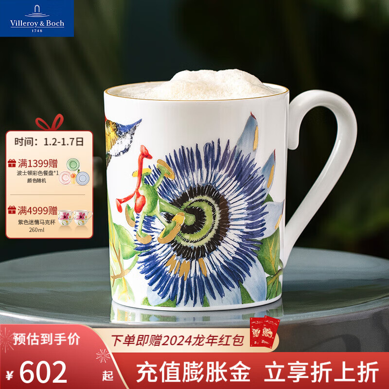 德国唯宝 Villeroy&Boch） 亚马逊系列 骨瓷咖啡杯陶瓷马克杯多巴胺咖啡杯家用 马克杯 300ml 601.14元