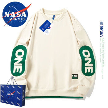 NASA MARVEL 重磅卫衣男秋冬季长袖t恤春款打底衫圆领潮牌宽松百搭 杏色 XL