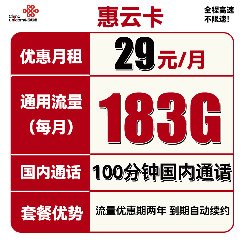 中國(guó)聯(lián)通 惠云卡 29元月租（183G全國(guó)通用流量+100分鐘國(guó)內(nèi)通話） 券后0.01元