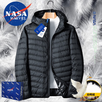 NASA MARVEL 羽绒服男秋冬季外套加厚轻薄百搭白鸭绒保暖休闲连帽 黑色 4XL