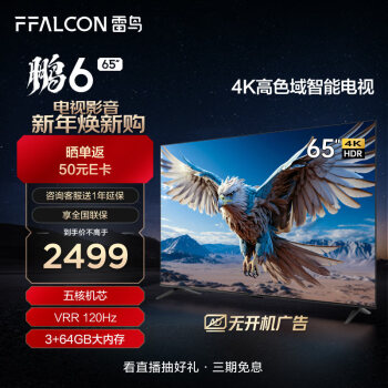 FFALCON 雷鸟 鹏6 24款 电视机65英寸 120Hz动态加速 高色域 3+64GB 智能游戏液晶平板电视65S375C