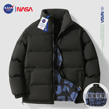 NASA GISS 两面穿棉服男秋冬潮流加厚棉衣外套宽松情侣面包服 黑字母 XL
