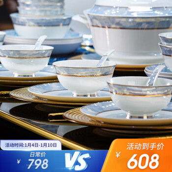 洛威 景德镇陶瓷碗碟套装家用简约中式骨瓷餐具组合W473-3柔情似水40头