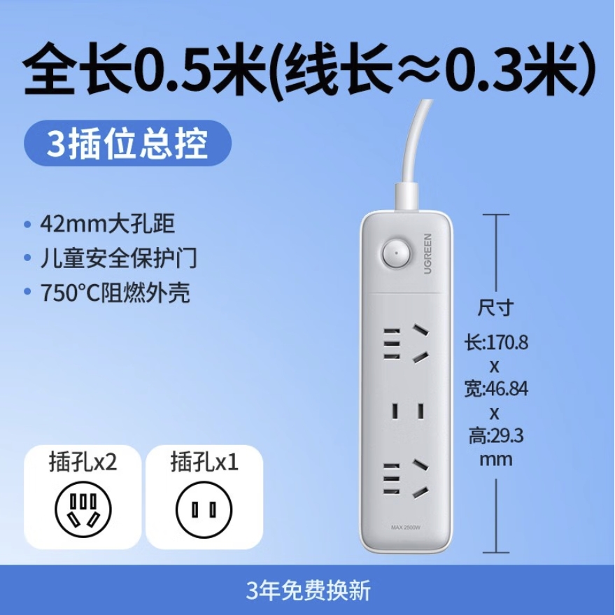 UGREEN 绿联 插排 3位总控 2五孔+1两孔 全长0.5m 券后15.9元