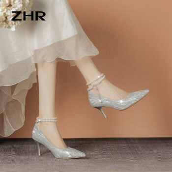 ZHR 高跟鞋女细跟尖头气质浅口单鞋女亮片蝴蝶结婚鞋 Y765 银色 34