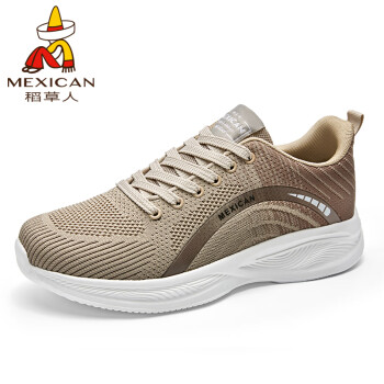 Mexican 稻草人 男鞋休闲鞋子男士透气飞织网布鞋男跑步运动鞋  卡其色偏小 44