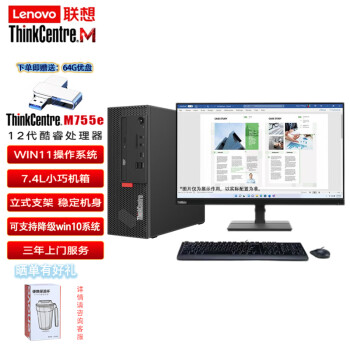 联想ThinkCentre M730E/750E升级款M755E商用办公小机箱台式机电脑+27 12代I5/16G/1TB+256/集显/Win11/定制