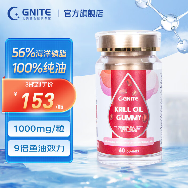 GNITE 美国进口红宝石高含量南极深海1000mg磷虾油56%磷脂甘油三酯Omega-3胆碱虾 60 69元（需买2件，需用券）