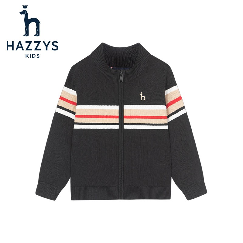 HAZZYS 哈吉斯 品牌童装男童开衫线衣春中大童小立领英伦风撞条开衫线衣 钻石黑 155 券后218元