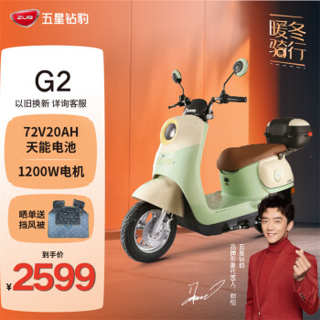 ZUB 五星钻豹 电动摩托车 72V20AH电瓶车1200W电机长续航电动车G2 星空牛果绿