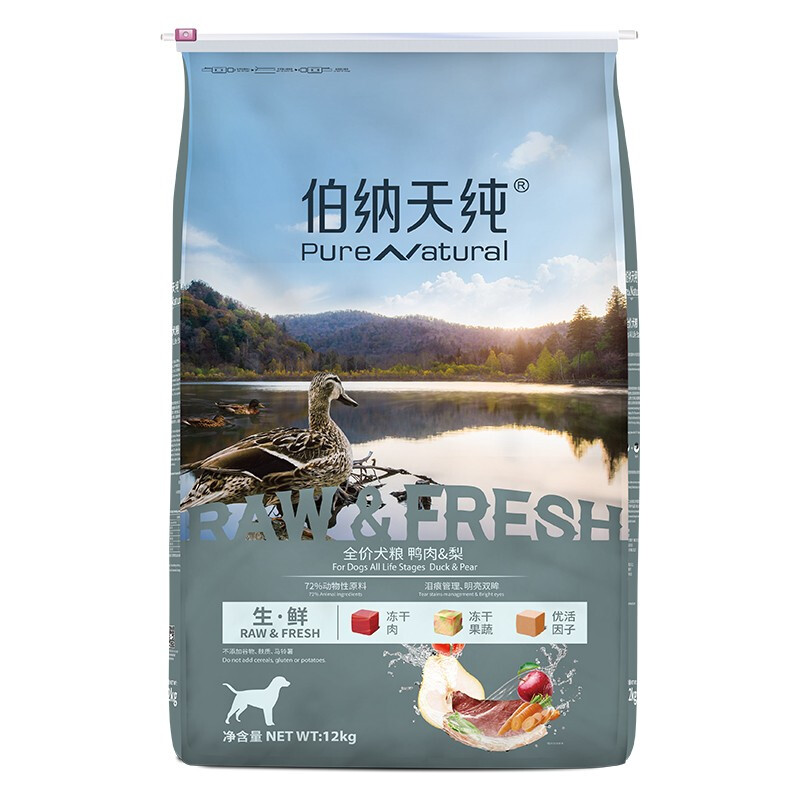 京东PLUS：伯纳天纯 生·鲜系列 鸭肉梨全犬全阶段狗粮 12kg 券后448.41元