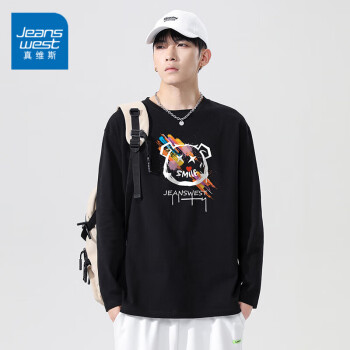JEANSWEST 真维斯 t恤男2023秋冬季纯棉圆领时尚潮流印花打底休闲上衣黑色