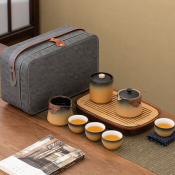 言艺 茶具整套户外便携茶具商务伴手礼旅行茶具套装欢雀旅行茶具咖啡色