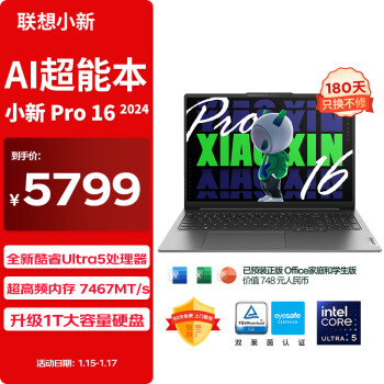 Lenovo 联想 小新Pro AI 2024款 酷睿版 16英寸 轻薄本 灰色（Core Ultra5 125H、核芯显卡、16GB、1TB