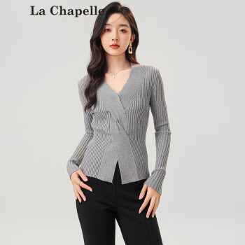 La Chapelle 女士针织开衫短款休闲纯色百搭减龄洋气毛衣外套上衣女 灰色 F