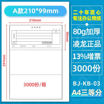 Ling Long 凌龍 凌龙空白凭证纸A5电子发票打印纸A4二等分三等分记账凭证报销单据财务80克空白凭证打印纸 A4整张三等分210