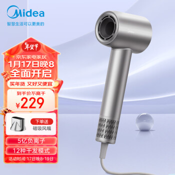 Midea 美的 高速吹风机家用吹风筒/大功率/高浓度负离子护发/大风力速干/低噪/送礼盒装电吹风FG208-星光银