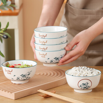 JIEYAJIE 洁雅杰 陶瓷碗中式釉中彩米饭碗4.5英寸创意面碗 小碗 汤碗 微波炉可用 6只装 鸟语