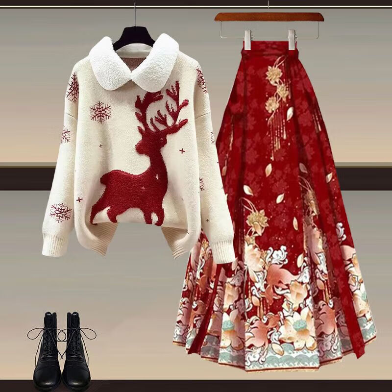 BTTKDL 新中式穿搭整套新年战袍红色毛衣汉服马面裙-款 米色毛衣 券后109.9元