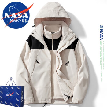 NASA MARVEL 冲锋衣男秋冬三合一防风加厚连帽外套户外登山情侣装 米白色 2XL