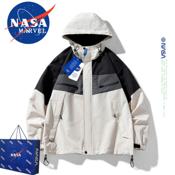 NASA MARVEL 夹克男冲锋衣秋冬季连帽外套潮流户外宽松百搭情侣装 米白色 3XL