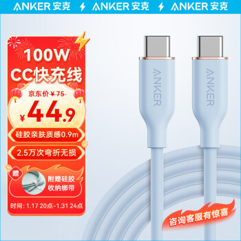 Anker 安克 双Type-C安卓数据线亲肤100W快充 适iPad/苹果Mac笔记本电脑/华为小米安卓手机充电器 1.8m蓝