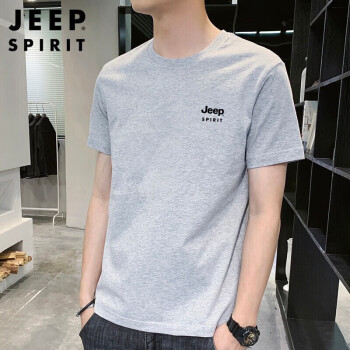 Jeep 吉普 T恤男夏季纯色短袖男士宽松上衣圆领半袖男装 灰色 L