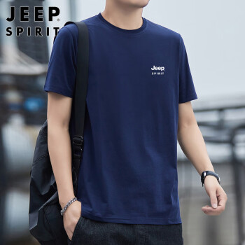 Jeep 吉普 短袖t恤男2023夏季纯棉短袖男士圆领休闲上衣男装 深蓝 2XL