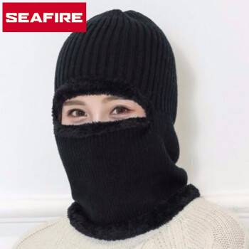 SeaFire 秋冬针织一体帽电动车骑行头套防寒防风保暖加绒帽子面罩 黑