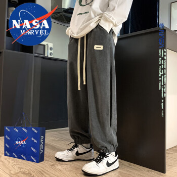 NASA MARVEL 休闲裤男秋冬季束脚裤潮流百搭裤子宽松春款运动长裤 深灰色 XL  XL-（120斤-140斤）