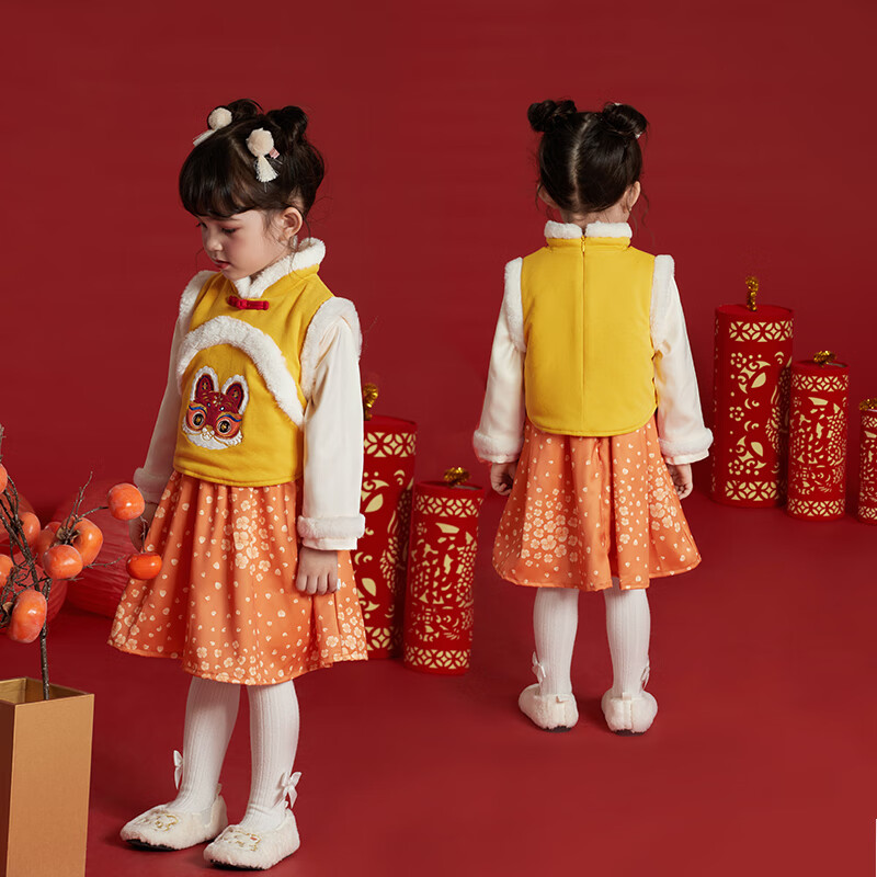 JELLYBABY 新年唐裝 加絨加厚兩件套 漢服女 黃色 100CM 券后159元