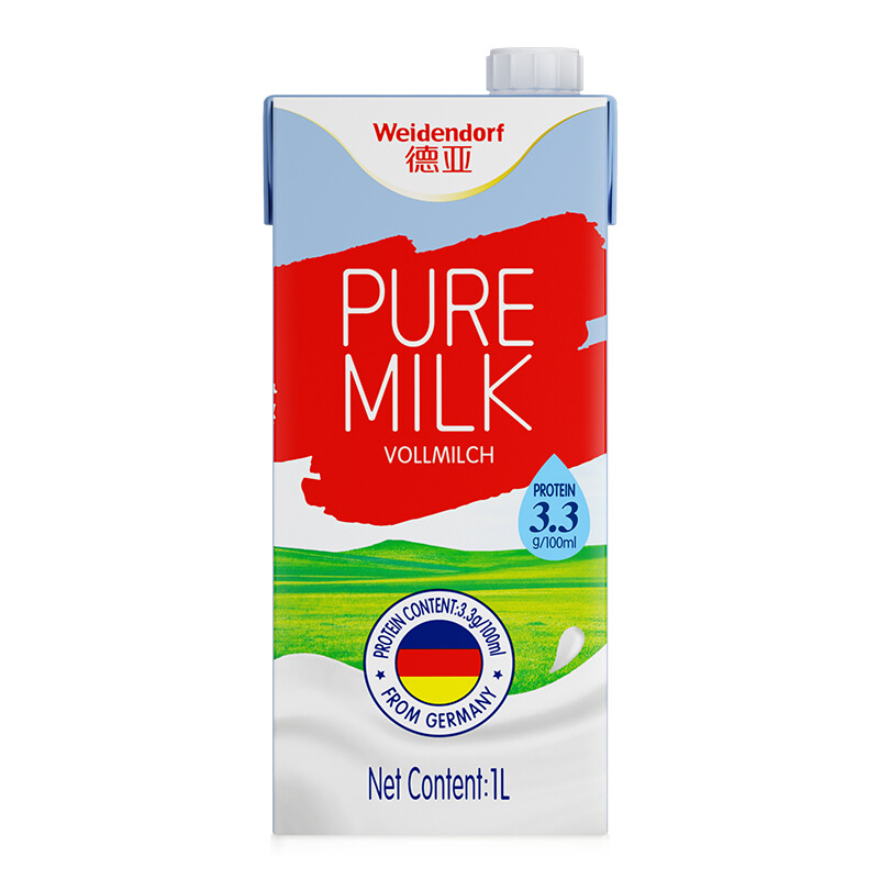 Weidendorf 德亚 德国原装进口全脂高钙纯牛奶1L*12盒 整箱装乳蛋白营养早餐 99.9元