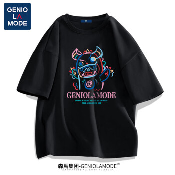 GENIOLAMODE 森马集团短袖T恤男潮牌ins风小恶魔印花男生夏季短袖 黑色XL