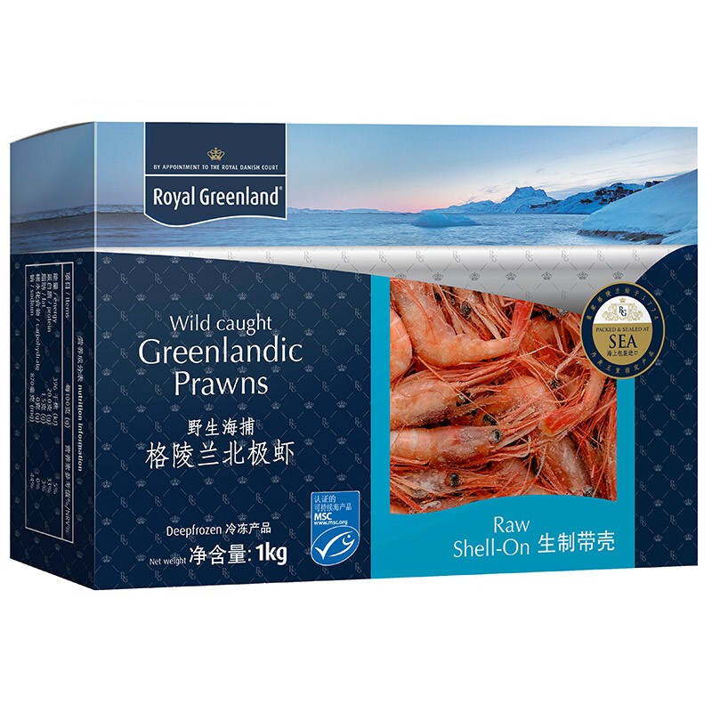 Royal Greenland 京东生鲜 北极甜虾刺身1kg/盒90-120只 (MSC认证) 日料刺身 生制带壳 即食 79.9元