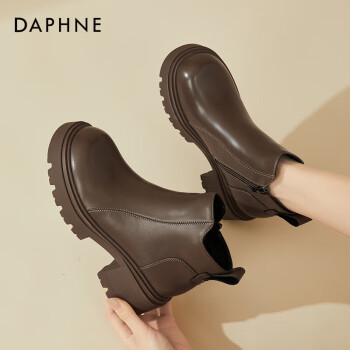 DAPHNE 达芙妮 英伦风小短靴女高跟加绒厚底粗跟女靴马丁靴4623607022 卡其色 34