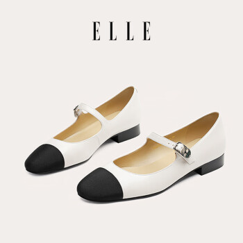 ELLE 她 单鞋女羊皮小香风玛丽珍鞋黑白拼接女鞋子  EX231AA002 米白 40