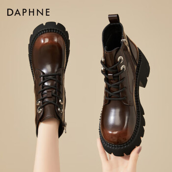 DAPHNE 达芙妮 马丁靴女加绒小短靴英伦百搭增高粗跟高跟女靴4623607053棕色37