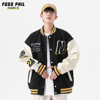 Foss Phil 夹克男士春秋季复古刺绣棒球服男装宽松运动外套男22119黑色XL